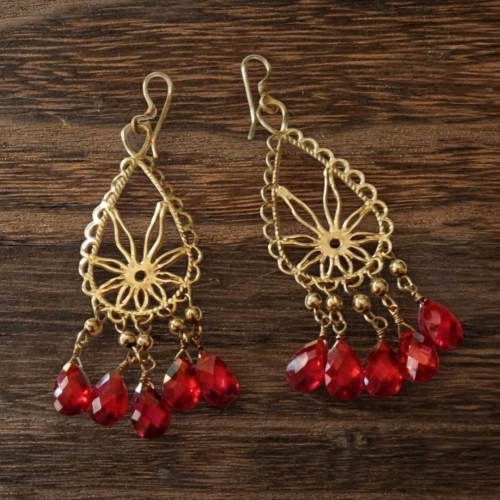 Elegant Gold and Red Dangle Earrings